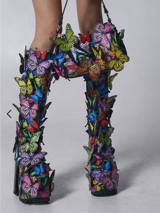 Dolls Kill Club Ex Shoes - 3D Butterfly Embellished Platform Knee-High Boots - Multicolor incl purse!